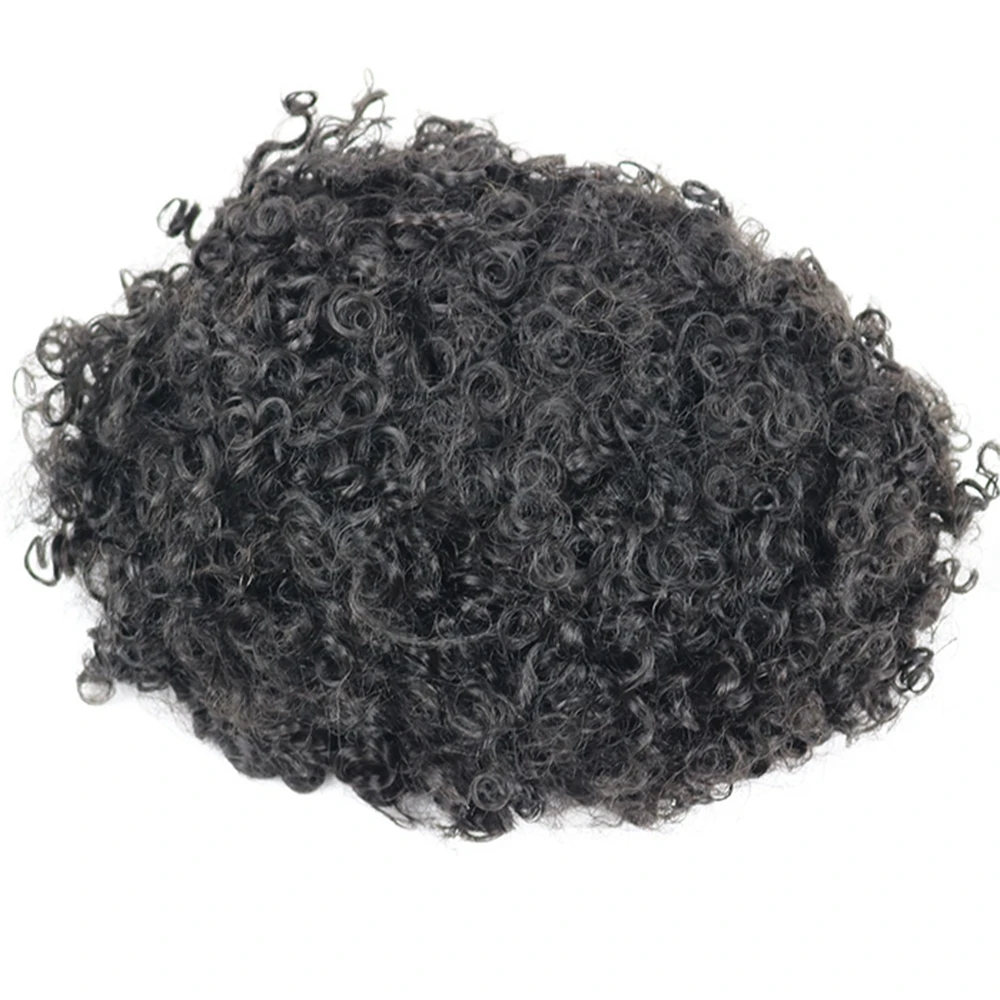 Fine Mono Durable 12mm Afro Curly Human Hair Male Toupee Hair Replacement System Double Knots Long Last Men's Wig Light Weight