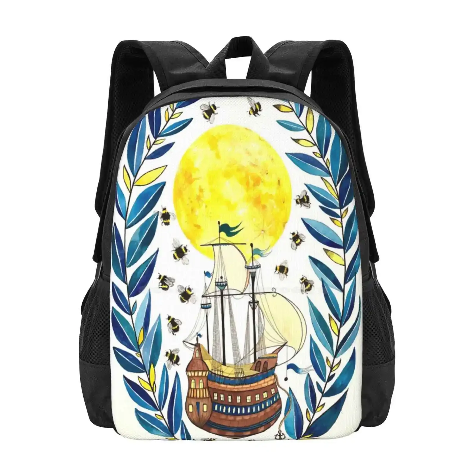 

Корабль Луна Школьная сумка Большой вместительный рюкзак для ноутбука Желтый луна Старая школа Дизайн татуировки Луна Иллюстрация Пчелы Иллюстрация Корабль