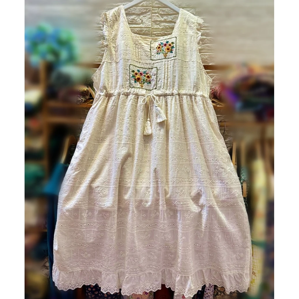 

Cottagecore Cotton Floral Embroidery Sleeveless Long Tunic Dress for Women Summer Eyelet Lace Vintage Retro Chic Edwardian Dress