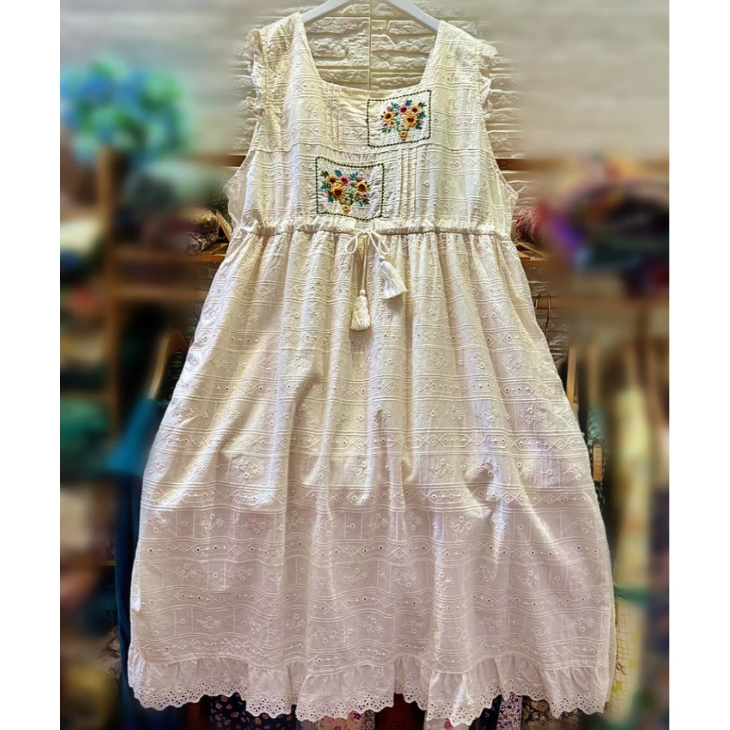 Cottagecore Cotton Floral Embroidery Sleeveless Long Tunic Dress for Women Summer Eyelet Lace Vintage Retro Chic Edwardian Dress