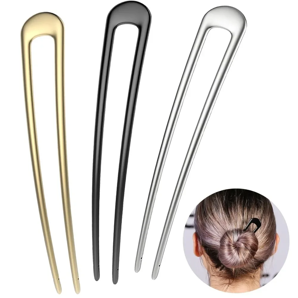 French Hair Pins Metal Hair Forks U Shaped Long Chignon 2 Prong Sticks for Women Hair Accessories (Black, Gold, Silver)