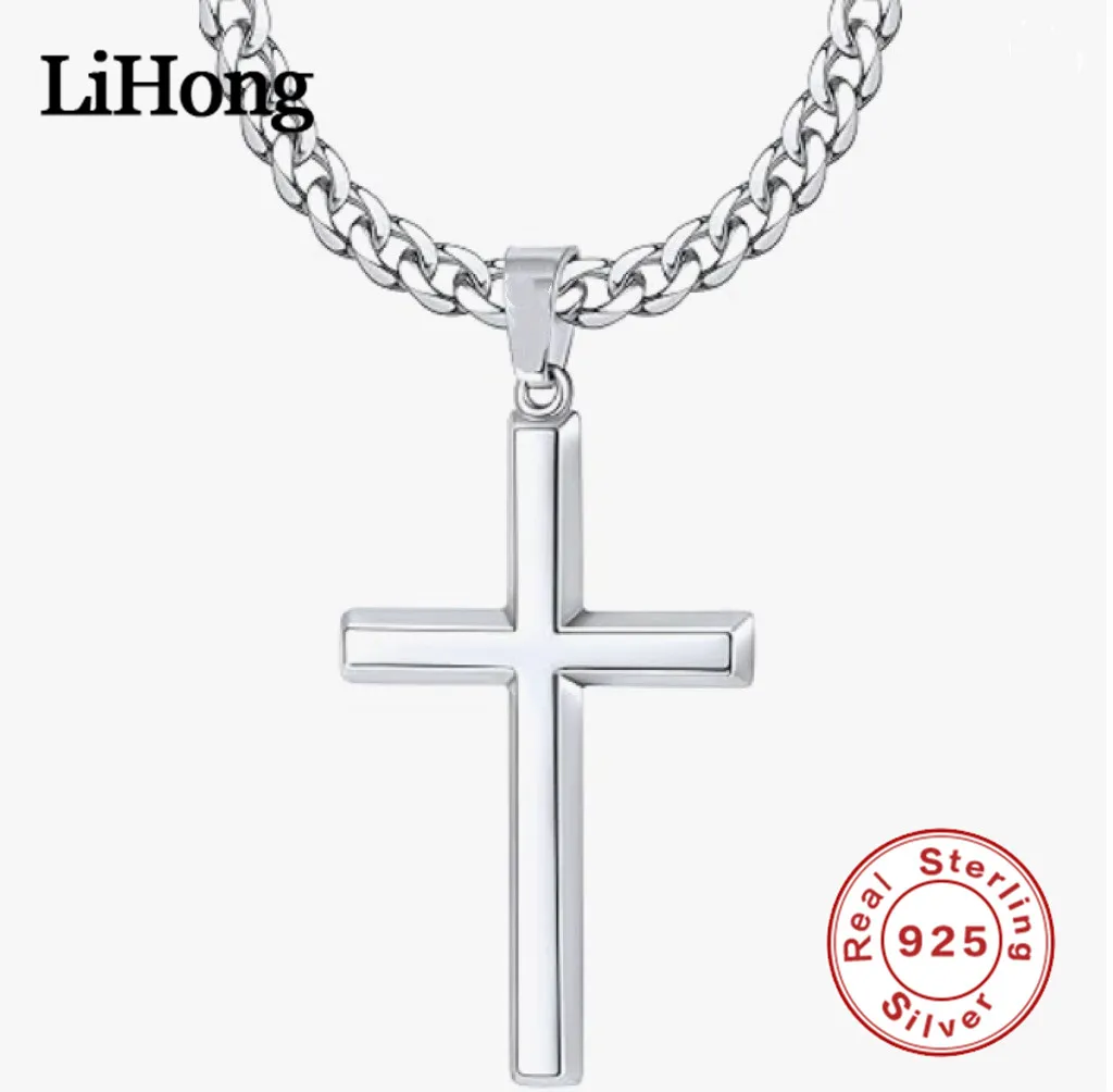 925 Sterling Silver Cross Pendant Necklace for Men Minimalist Style with 4mm Cuban Chain 16/30 Inches Length