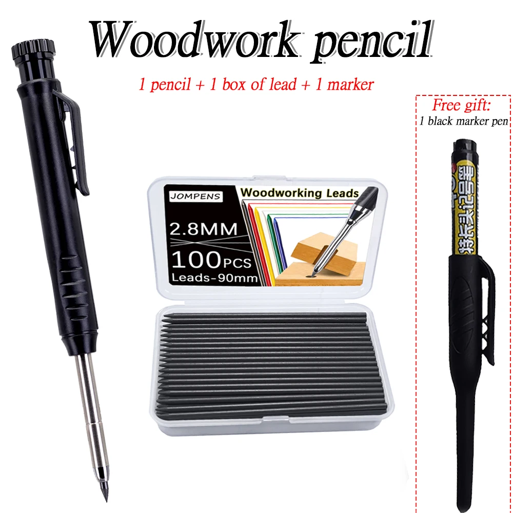 3Pcs/set Engineering Drawing Woodworking Pencil,1Box Lead，With Black Marker Pen,2.8mm Woodworking Marking Pencil Drawing Tool