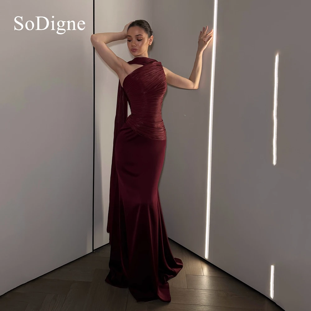 SoDigne Elagant Evening Dresses Pleated One Shoulder Sleeveless Party Gowns Long Waist-Cinching Ribbons Prom Dress Customized