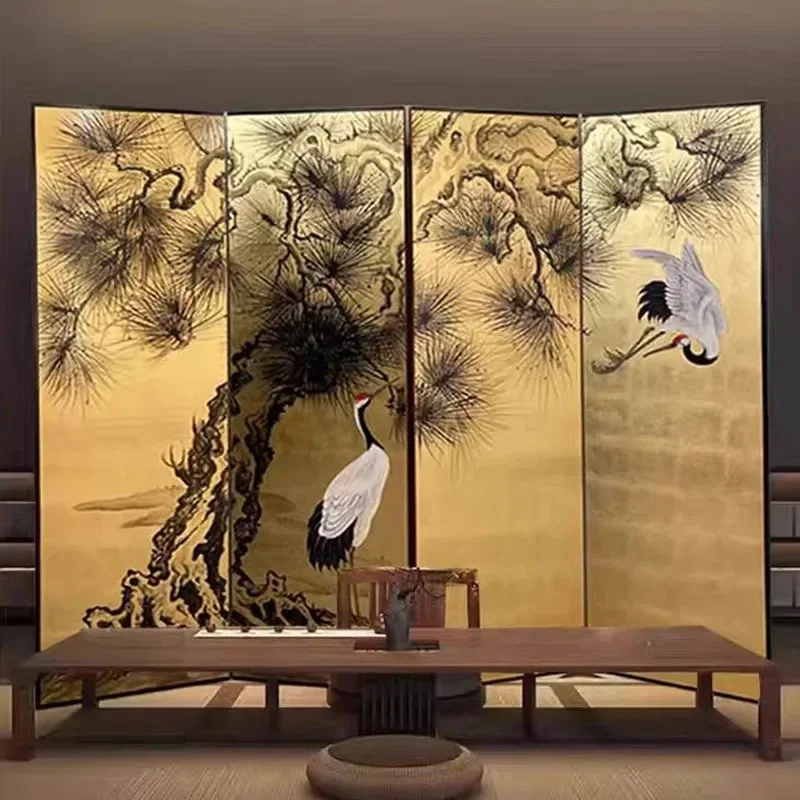 Japanese Gold Leaf Screens Room Dividers Pine Crane Painted Decorative Partition Wood Furniture for Living Room and Restaurant
