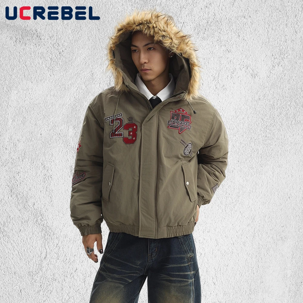 

Letter Embroidery Padded Jacket Mens Hip Hop Streetwear Winter Thick Fur Collar Hooded Long Sleeve Quilted Jacket Man
