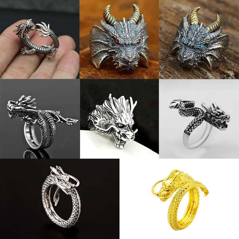 Retro Domineering Ethnic Style Dragon Ring For Men Cool Opening Adjustable Ring Punk Vintage Fashion Finger Jewelry Accessories