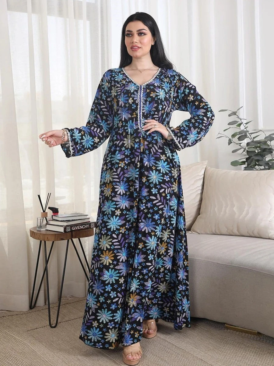 

Turkish Abaya for Woman Chic Diamonds Printing Muslim Clothing Kuwaiti Loose Full Sleeve Dubai Moroccan Islamic Robe