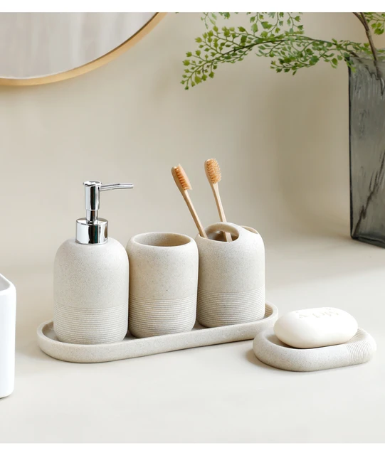 5Pcs Bathroom Accessories set Lotion Dispenser Toothbrush Holder Tray Tumbler Cup Soap Dish Beige and Grey 10