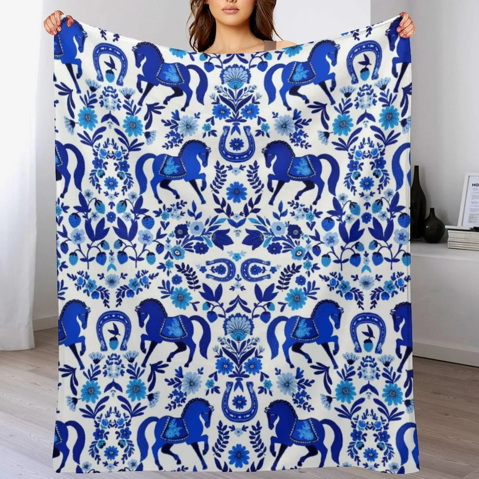 

RETRO BLUE HORSE PATTERN Throw Blanket Quilt sofa bed Sleeping Bag Thin Blankets