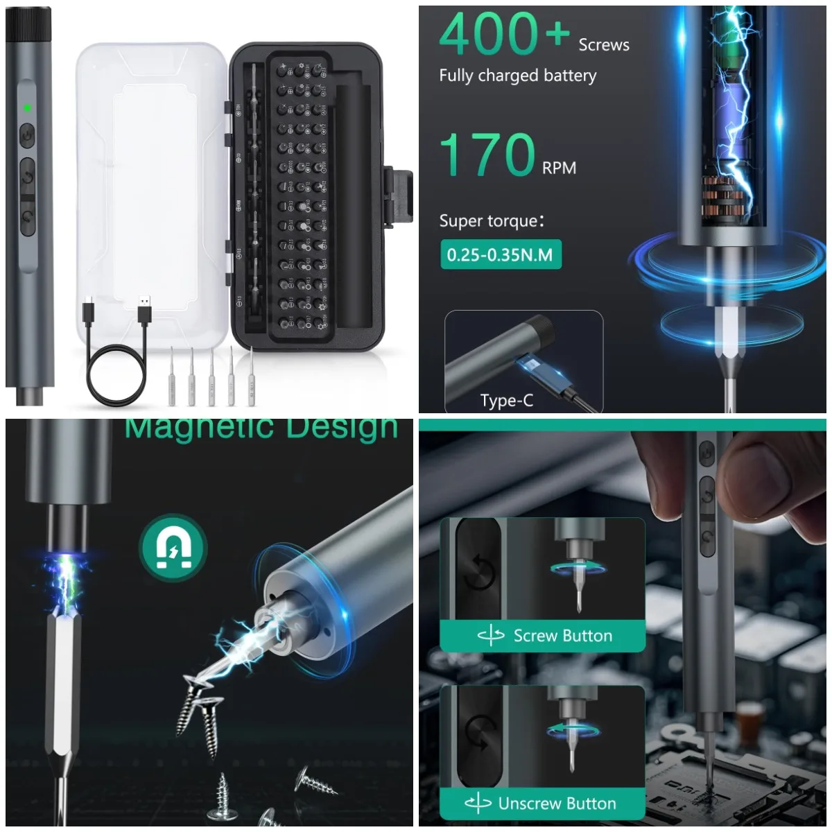 

49-in-1 Mini Electric Screwdriver, 3.6V Precision Set with 47 Magnetic Bits & LED Light, Rechargeable Repair Tool for Phone, PC,