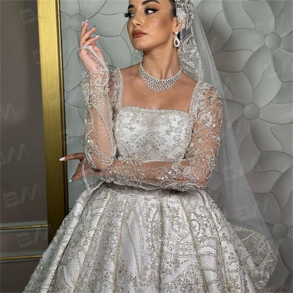 Elegant Square Neckline Beaded Bride Dress Long Sleeve Sequined Rhinestones Wedding Gown Bridal Robe Vestidos De Novia