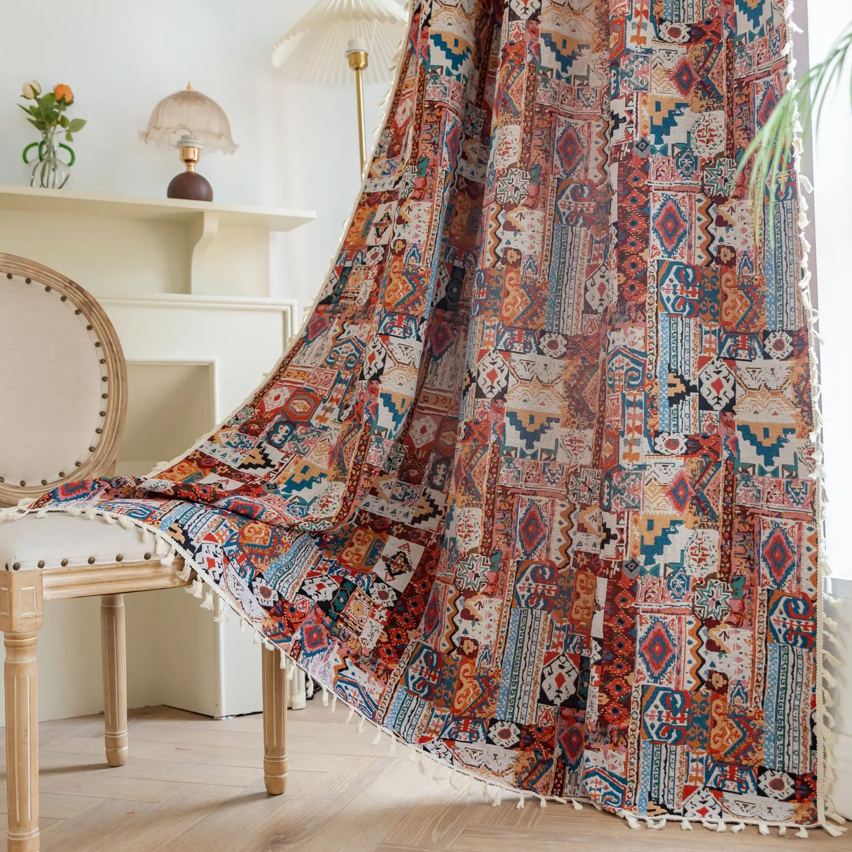 1PC Bohemia Printed Cotton Linen Curtain with Tassel for Living Room Semi-shading Window Drapes Rod Pocket for Cafe Kitchen