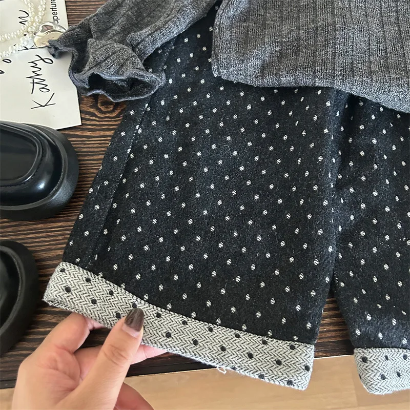 Girls Suit 2024 Autumn New Childrens Wear Baby Girl Lotus Collar Doll Shirt Polka Dot Wide-leg Pants Two-piece Set Casual Simple