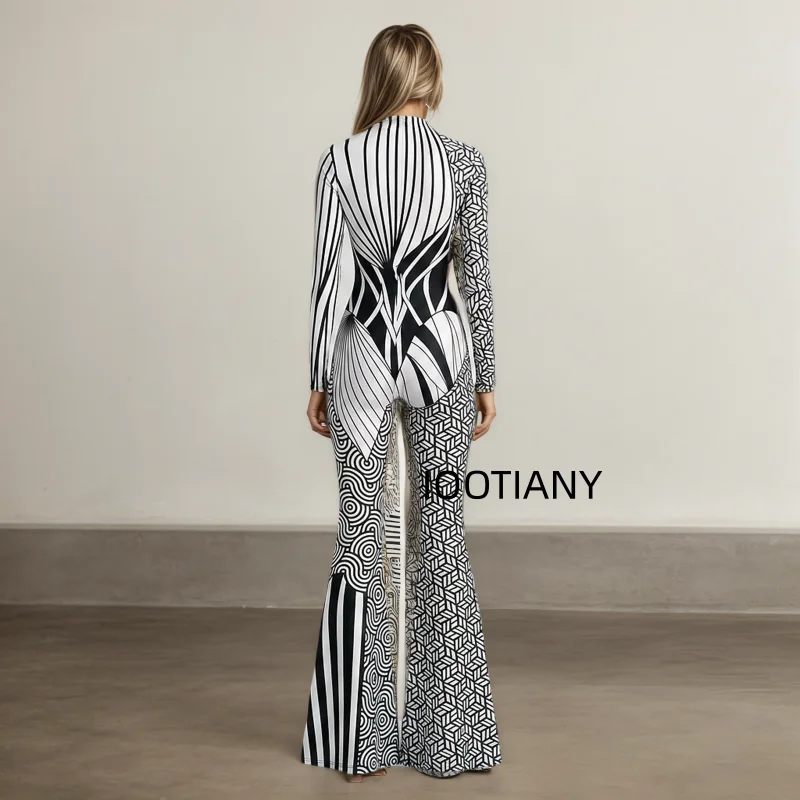 Damen-Jumpsuit mit ausgestellten Schlaghosenbeinen, geometrischem Schmetterlings-Skelett-Muster, figurbetont, Catsuit, Festival-, Rave-, Halloween-Cosplay-Outfit – Detail 6
