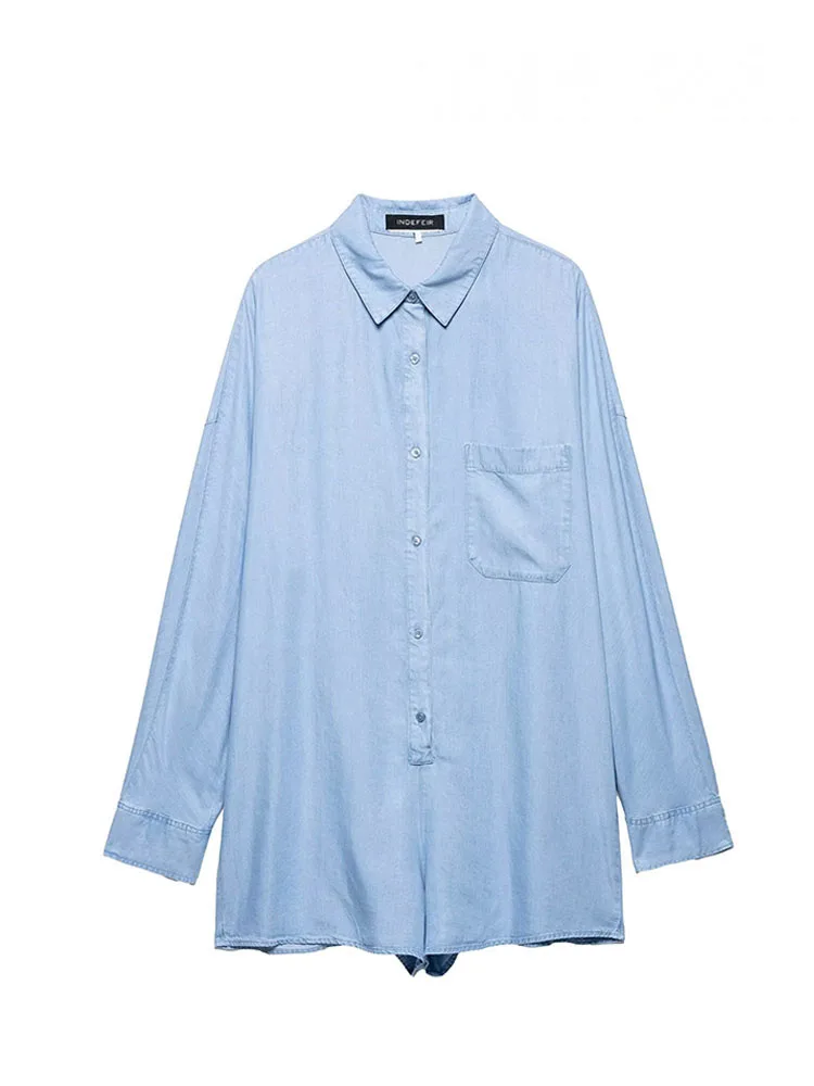 HH Jumpsuit Wanita Musim Panas Biru Kerah Lipat Lengan Panjang Saku Kancing Satu Baris Model Kasual Longgar