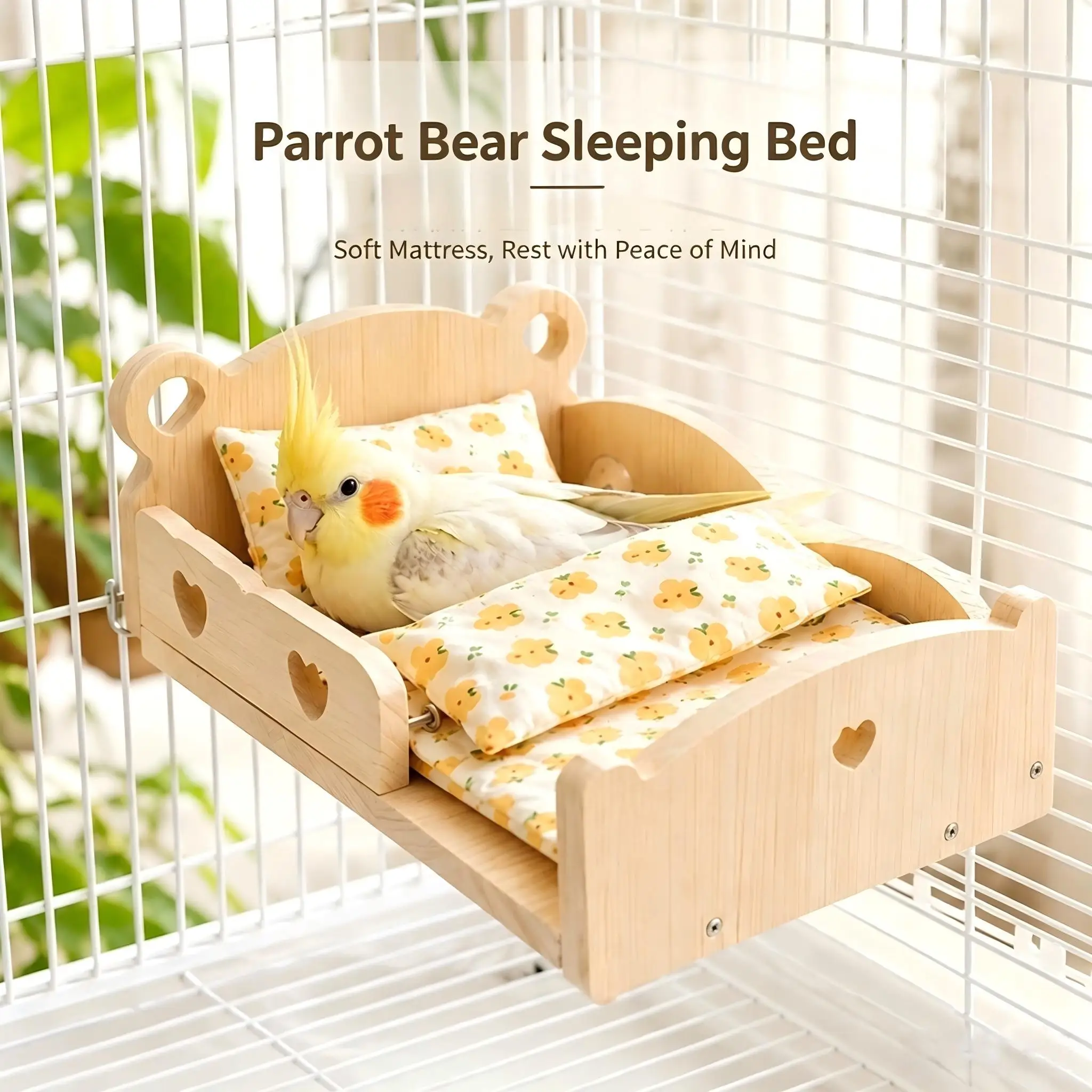Wooden Bird Bed for Small Medium Parrots, Cage Mounted Sleeping Platform with Bedding Set, Budgie Cockatiel Lovebird Conure Pet
