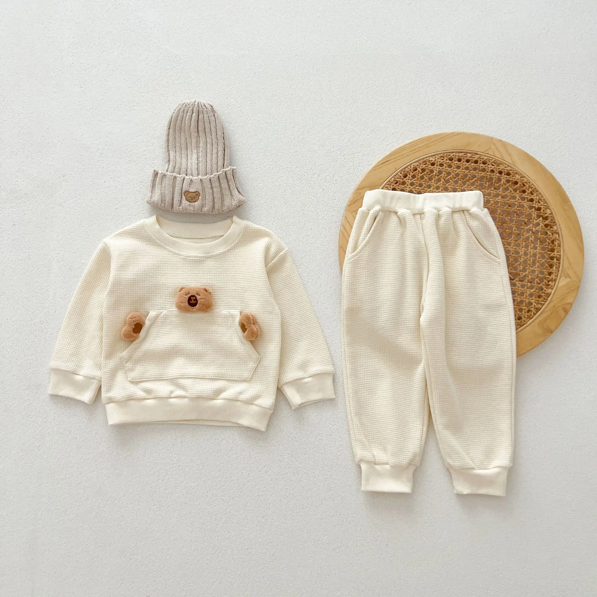 2024 Korean Autumn Infant Boy 2PCS Clothes Set Cartoon Bear Pocket Waffle Pullovers Cotton Solid Pants Suit Toddler Boy Outfit