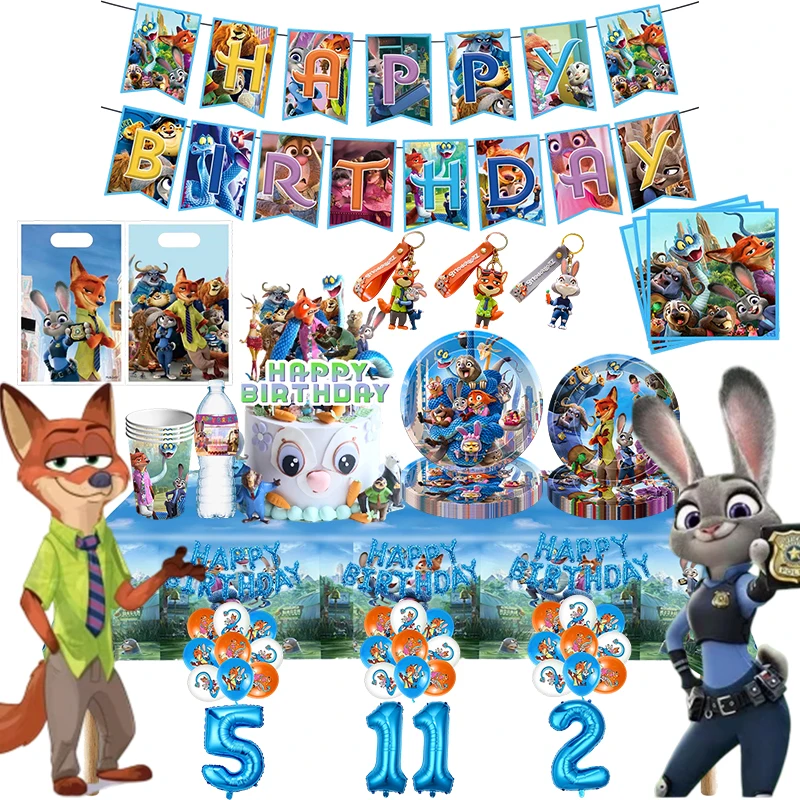 Zootopia 2 decoração de festa de aniversário judy nick, suprimentos para festa, topper de bolo, talheres, copo, bolsa de presente, chaveiro de balão para crianças