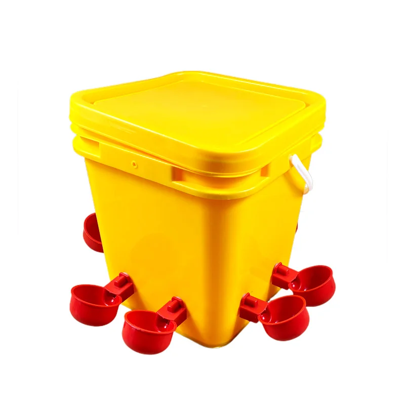 10L Chicken Duck Goose Bucket Chicken Feeder and Waterer Kit with 8 Auto-Fill Cups and 4 Ports Horizontal Nipples for Poultry