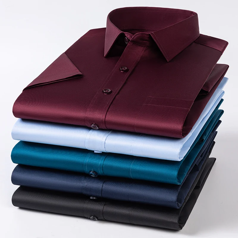 

Plus size 7XL elastic thin summer short sleeve shirts men slim fit formal plain shirt single pocket office solid color clothes