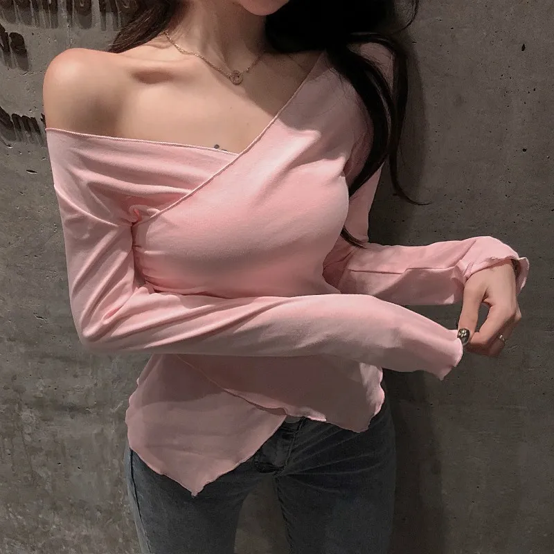 Off Shoulder Pullover Women Autumn Long Sleeve Sweet Tee Tops Sexy Slim V neck T-shirt Elegant Casual Thin Skinny Crop Tops