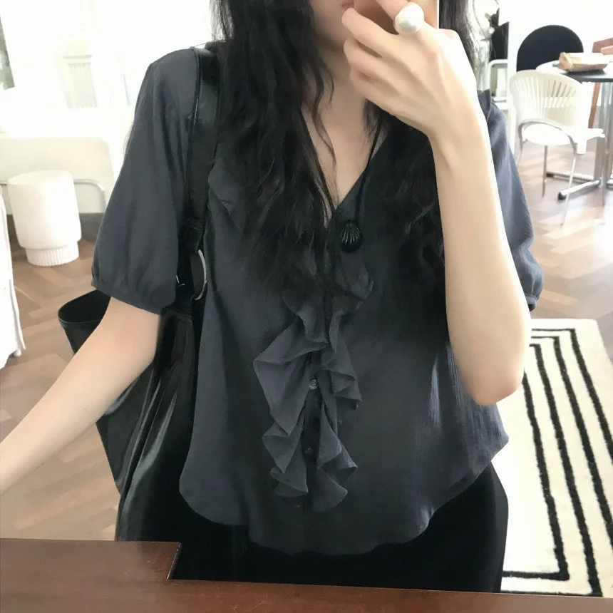 

Chic Summer Casual Loose Bubble Sleeve V-neck Single Button Shirt Women's Top French Style Polyester Fiber Breathable Thin