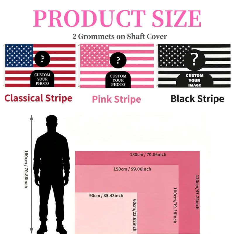 1pc Custom 3 Colors Pink/ Black/ Classical American Flag Banner,2 Grommets on Shaft Cover, 3 Sizes 60x90cm/ 100x150cm/ 120x180cm