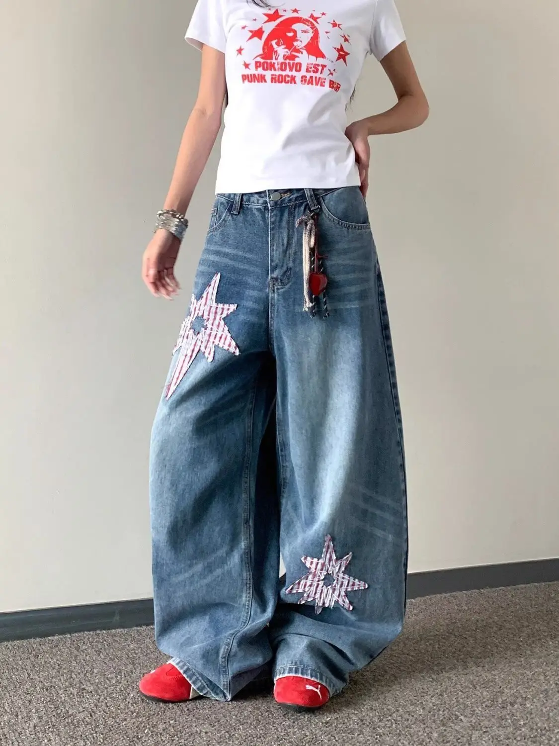 American Star Patch Scimitar Jeans Women's Summer High Waist Washed Loose Wide Leg Trousers
