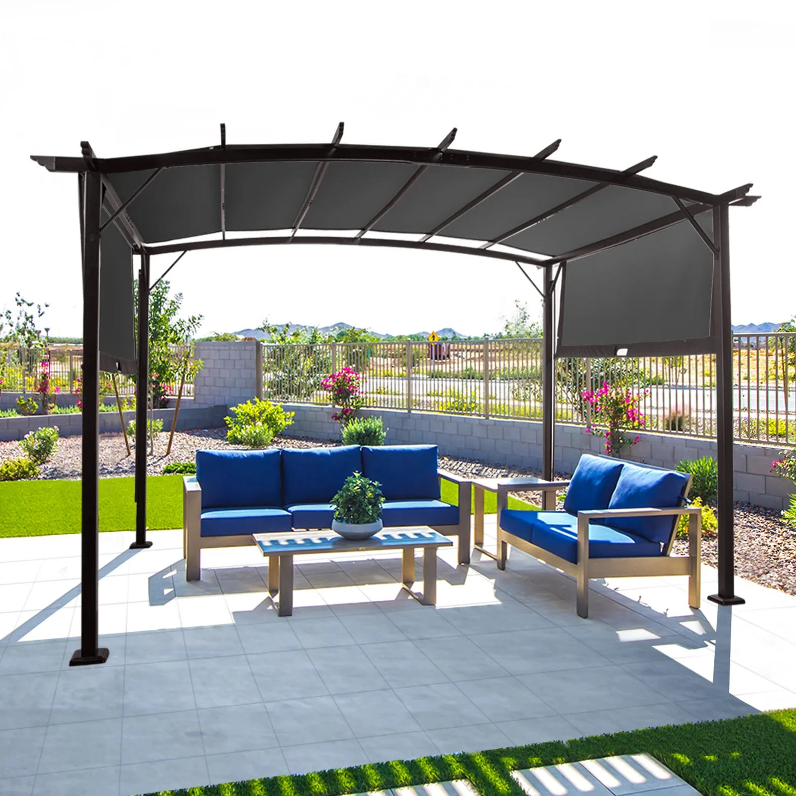 Dark brown column, dark gray adjustable polyester sunshade cloth, curved top, iron pavilion9*12ft