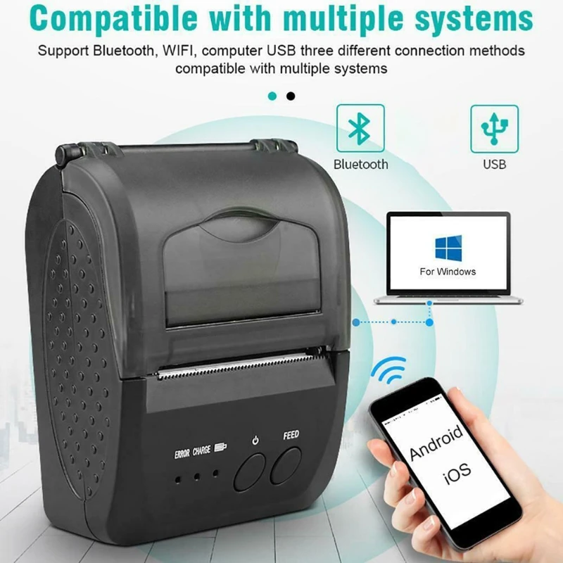 58mm Portable Mini Thermal Receipt Printer USB & BT Connection Wireless Printer High Speed Compatible with IOS Android Windows