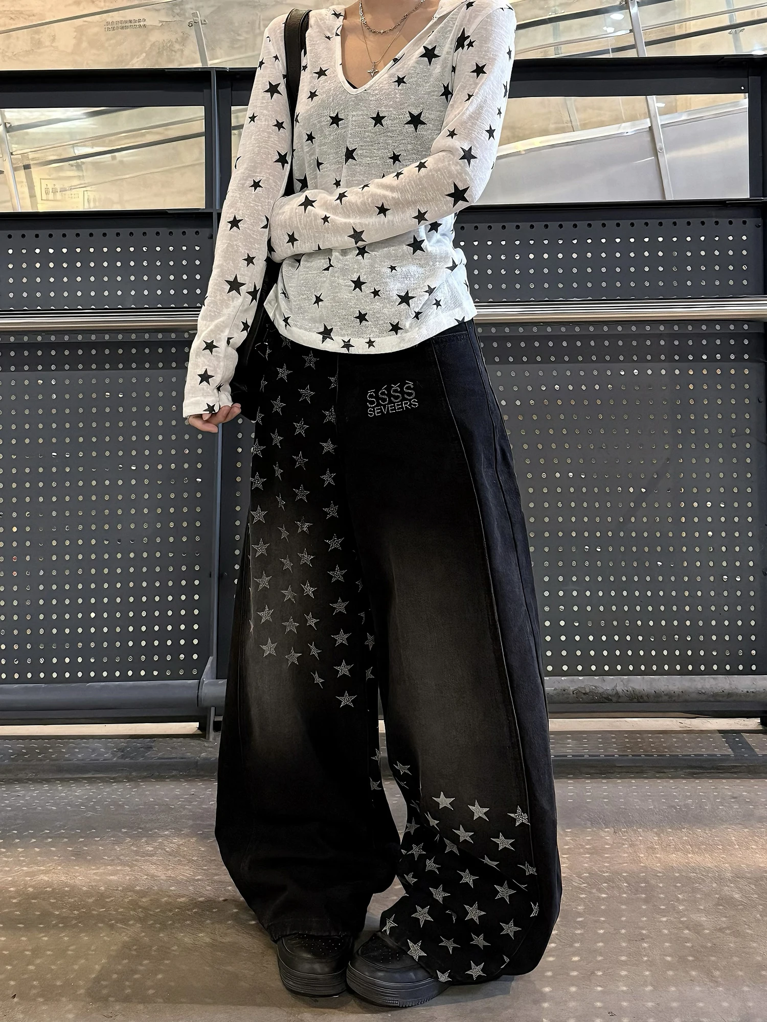 

Street Sle Star Print Patchwork Denim Jeans Women's Loose Fit Wide Leg Long Pants Bla Waed out Slimming Effect