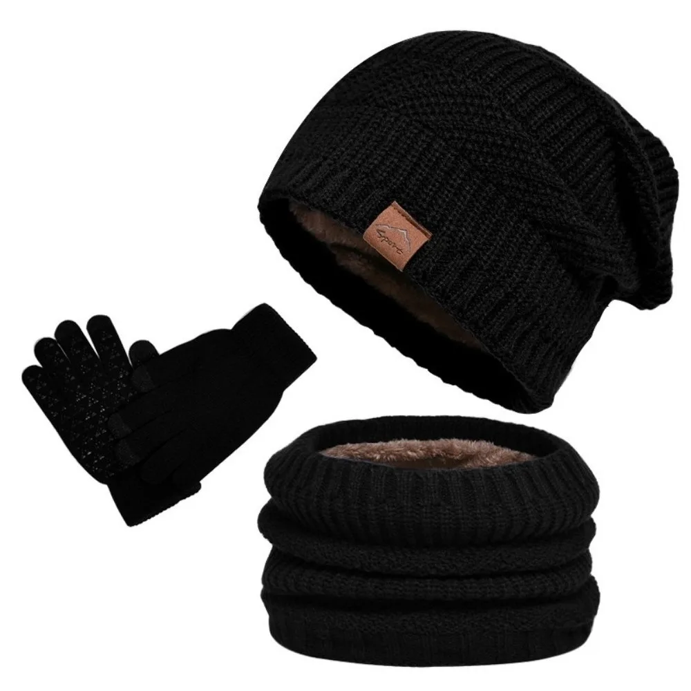 

3pcs Solid Color Hat Scarf Gloves Set Warm Thicken Thermal Knit Cap Fleece Lined Thermal Protection Winter Beanie Hat Women/men