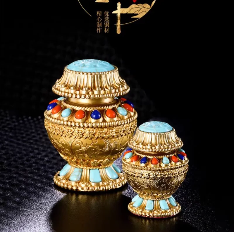 

Chinese Xizang Brass Yellow God of Wealth Buddha Hall Eight Auspicious Dragon King Vase