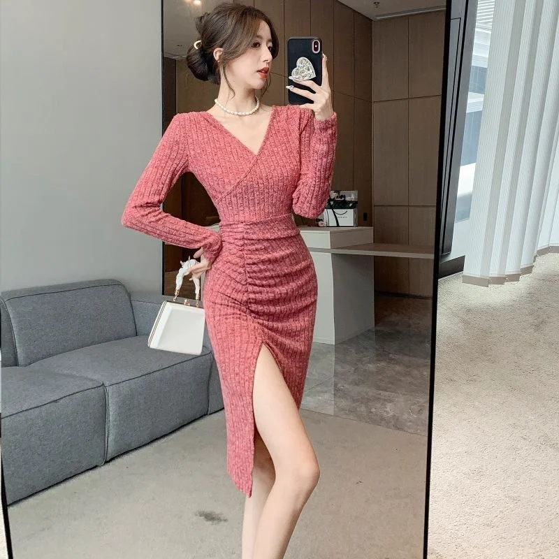 

Knee Length Pullovers Goth Sweaters Jumpers Women Delicate Waisted Homewear Adult Preppy Knittig See-Through V-Neck Tonal Folded