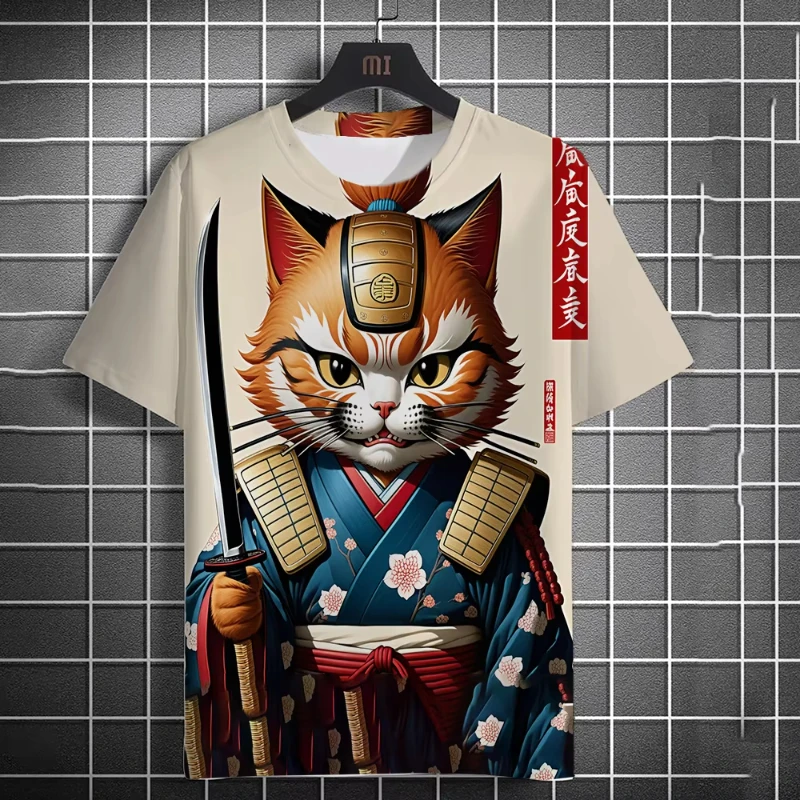 

New Summer Men's Fashion Cat Warrior Guard Print Short Sleeve T-Shirt Japanese Style Round Neck Street T-Shirt Unisex Clothing