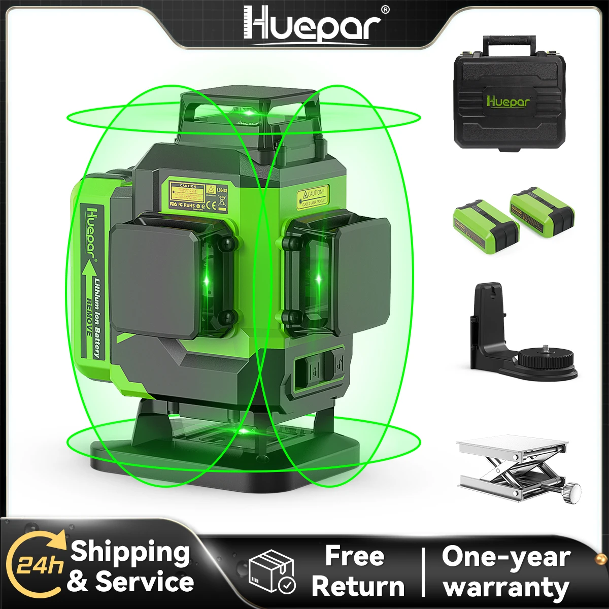 Huepar 16 Lines Green Beam 4D Cross Line Tiling Floor Laser Tools Osram Horizontal & Vertical with Lifting Base 2 Li-ion Battery