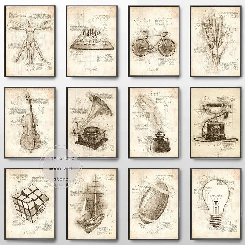 Vintage Da Vinci Inspired Sketches of Human Canvas Painting Poster  for Home Decor  living room wall art for bed room