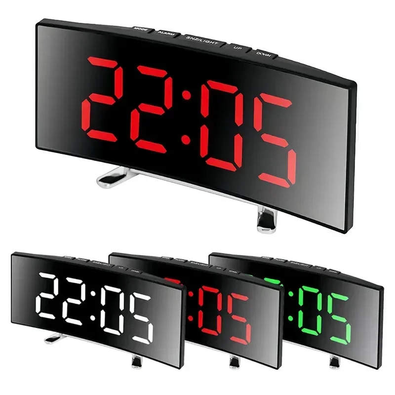 Creative Curved Electronic Clock, LED Large Screen Plug-in Battery Dual-purpose Mirror Alarm Clock, Student Bedroom Dedicated