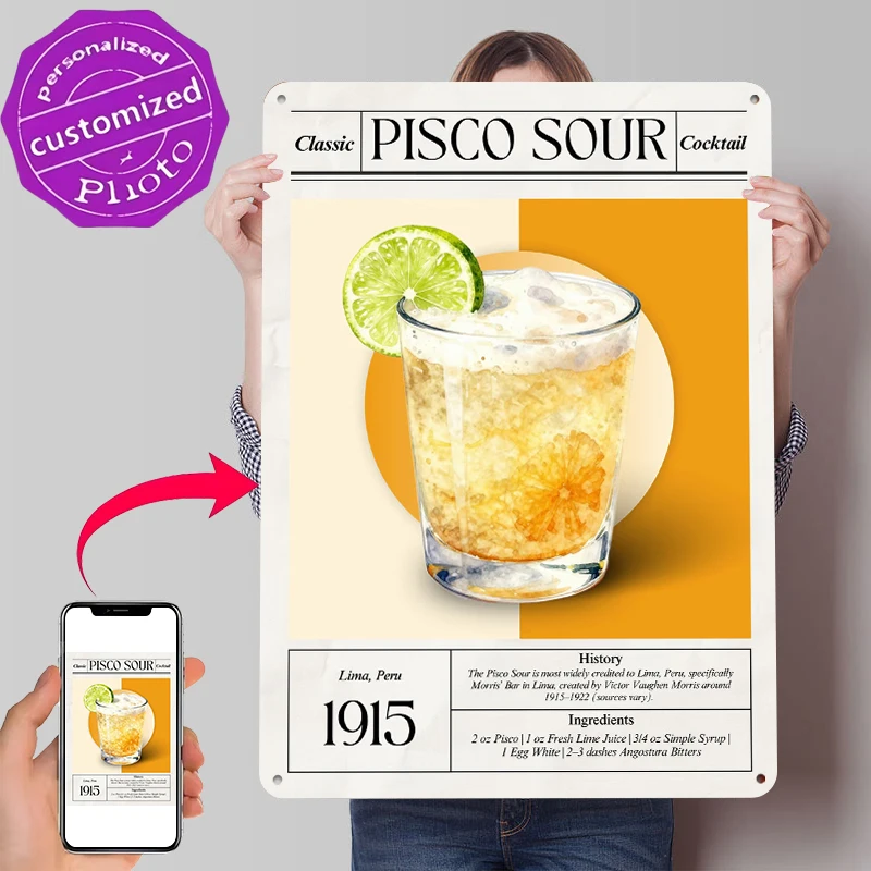 Póster Vintage de Pisco Sour, Letreros Metálicos Personalizados Vintage, Arte de Pared, Placa de Metal Retro para Decoración de Habitaciones de Juegos