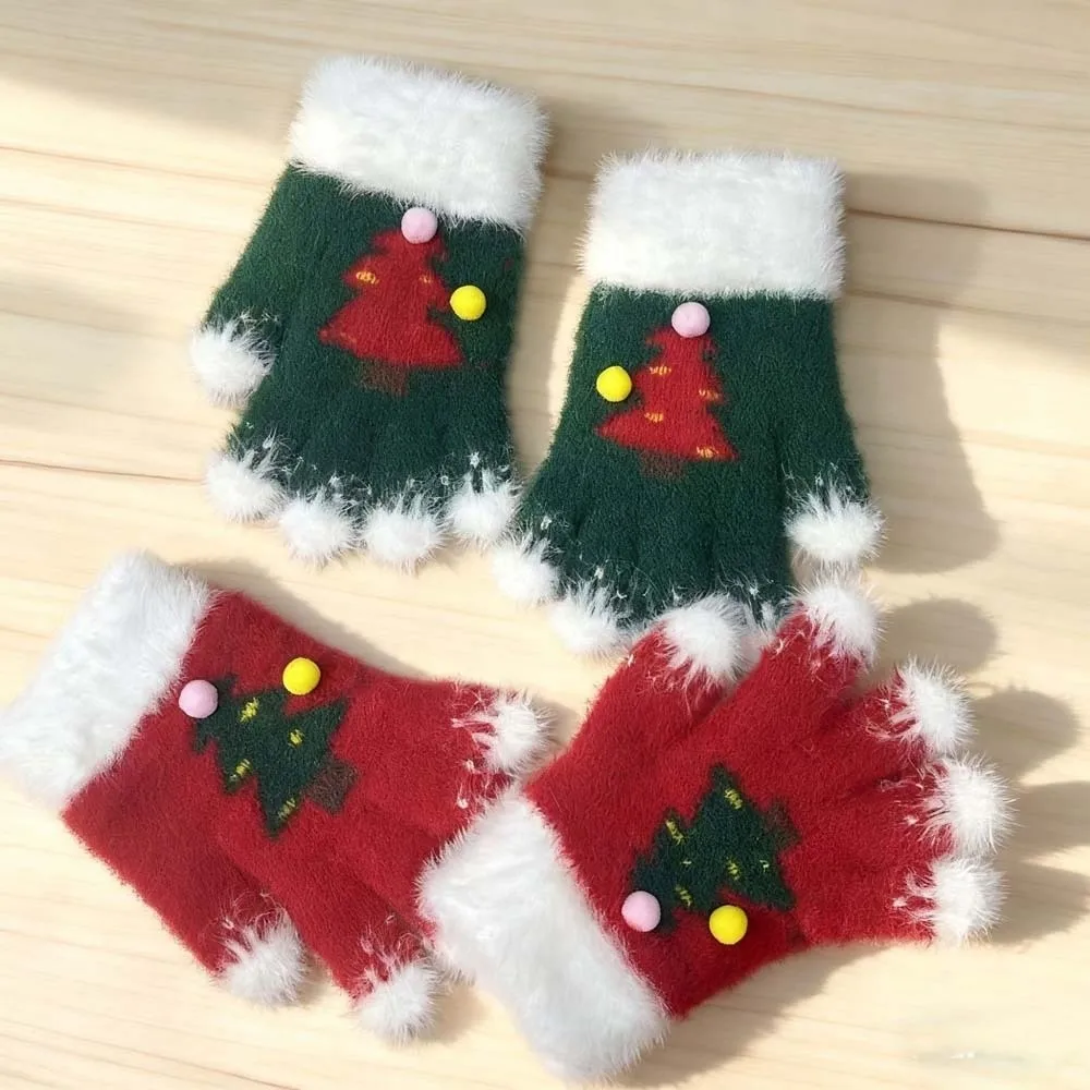 Red Green Christmas Gloves Plush Cuff Knitted Woolen Winter Knit Mittens Soft Texture Elastic Wrist Touchscreen Full Finger