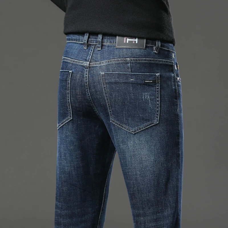 2023 Herfst Heren Slanke Rechte Jeans Zakelijk Casual Mode Krasborduurwerk Merk Katoenen Stretch Denim Broek