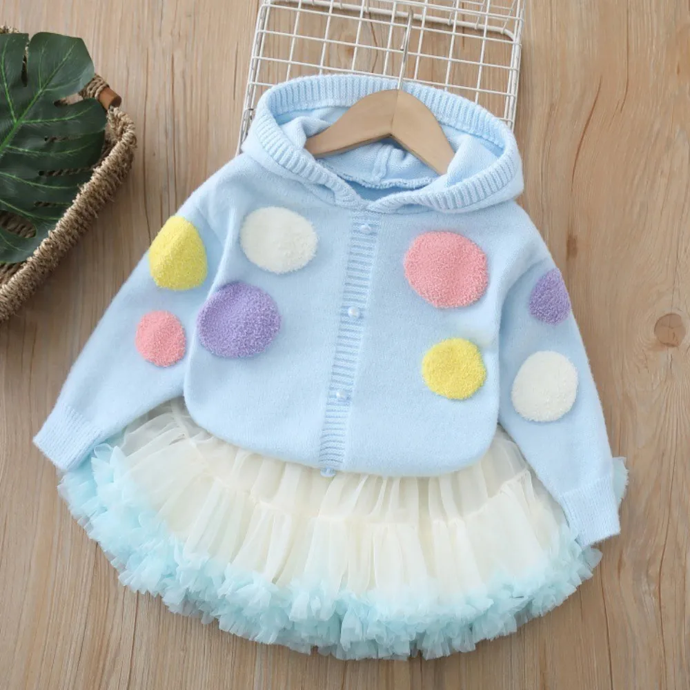 2025 Autumn/Winter New Children's Set Knitted Shirt Color Balloon Hoodie + Puff Skirt Cute Princess Two-piece Suit Girl Clothes