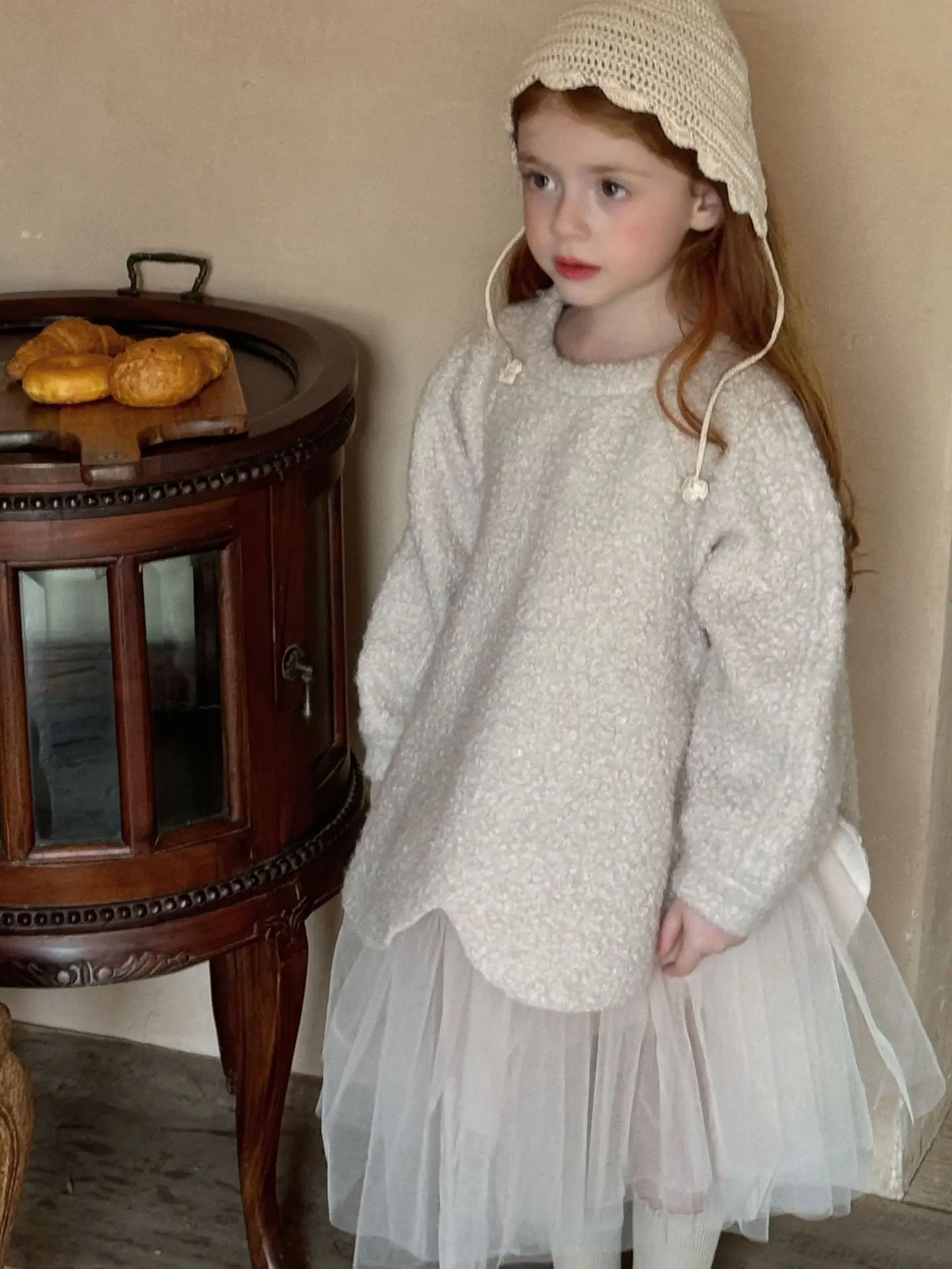 Girls Dress 2024 Winter New Children\'s Korean Sheep Curly Wool Gauze Woolen Splicing Dress