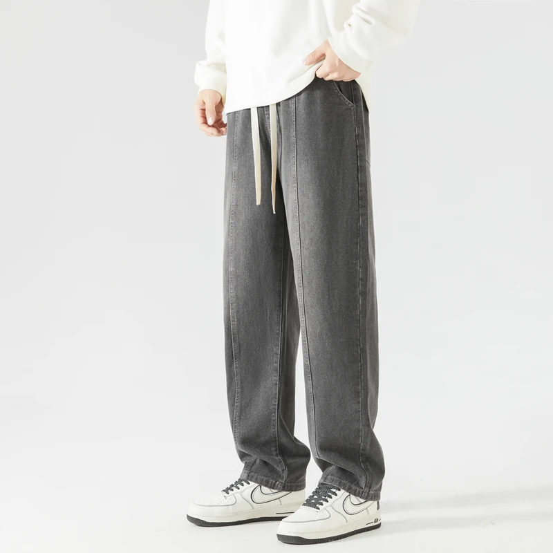 Spring Summer New Fashion Men/Women's Trousers Hong Kong Style All-match Drawstring Pockets Loose Straight Wide Leg Jeans