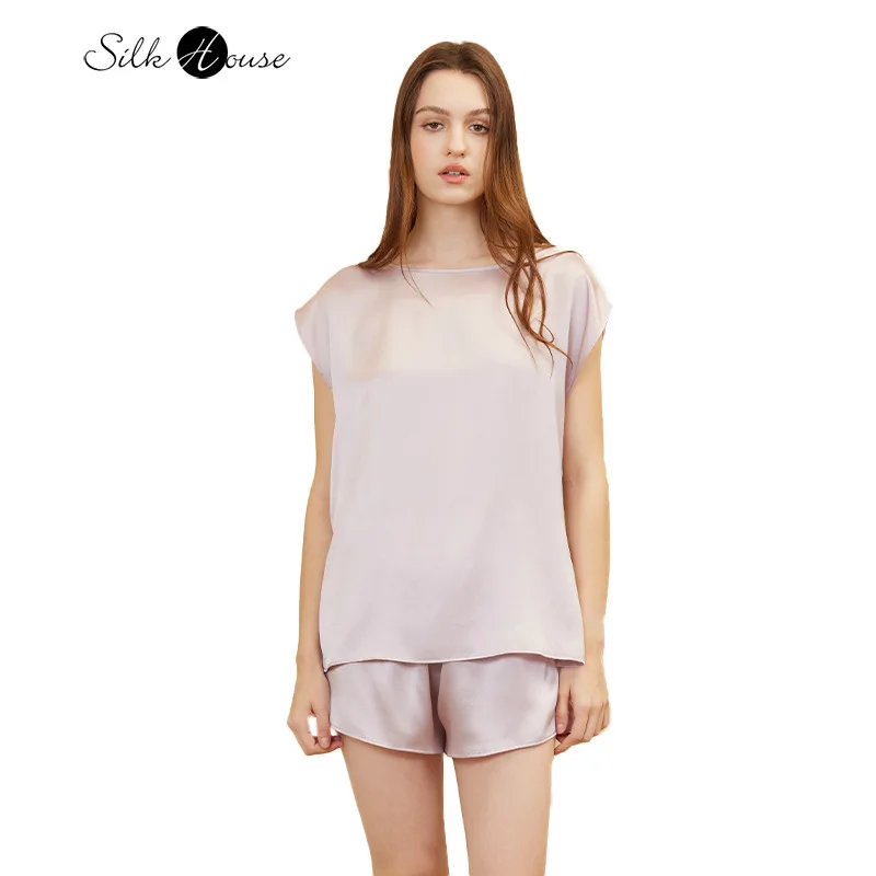 19MM 100% Natural Mulberry Silk Satin Off Shoulder Sleeves T-shirt Shorts Casual Minimalist Women's Sleepwear Home Suit Set