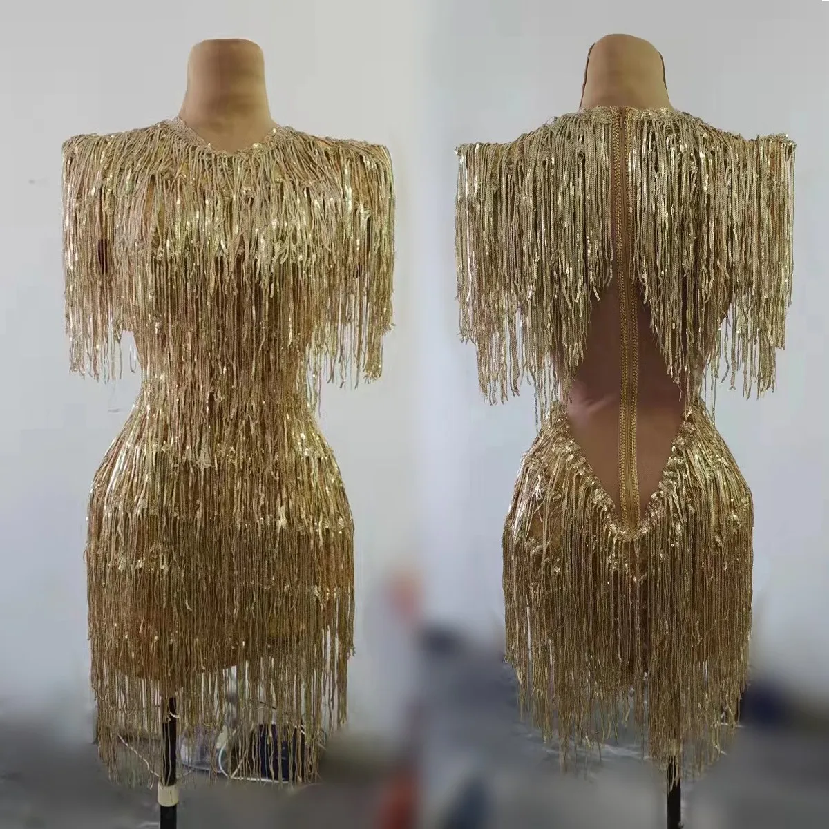 

Women Party Nightclub Birthday Party Dress Performance Show Stage Wear Sexy Shining Gold Fringe Dress Latin Dance Tassel Dress