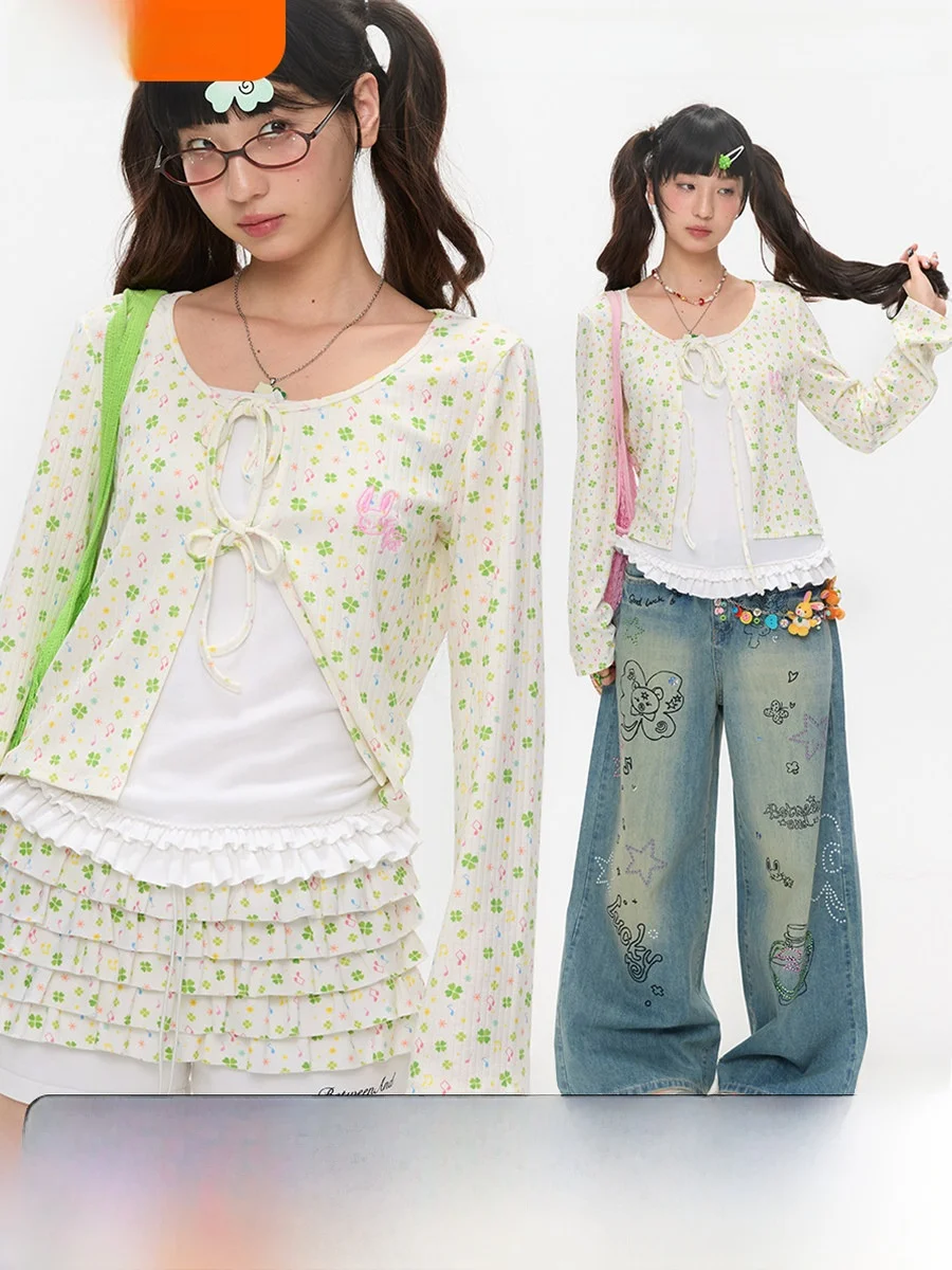 

BENAND Summer Four-le Clover Tie Lightweight Cool Sensation Cardigan Original Design Sensation Meat Covering Small irt Top