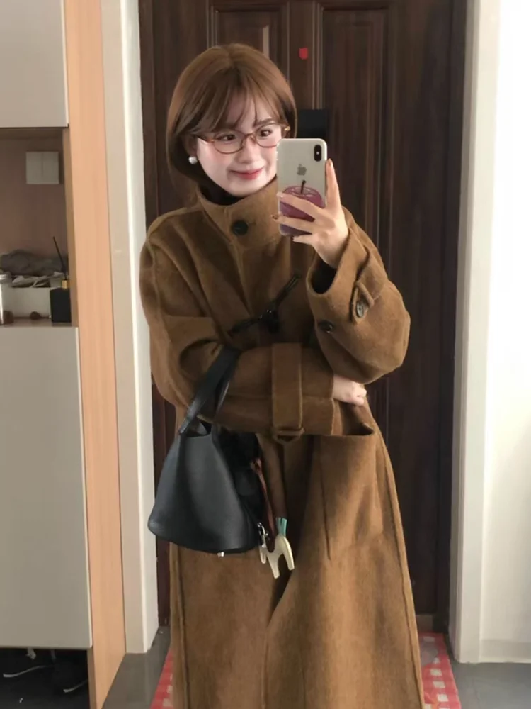 

Retro Korean Sle Women's Woolen Coat Long Sve Button up Loose Fit Winter Outerwear Faionable Ele Sle