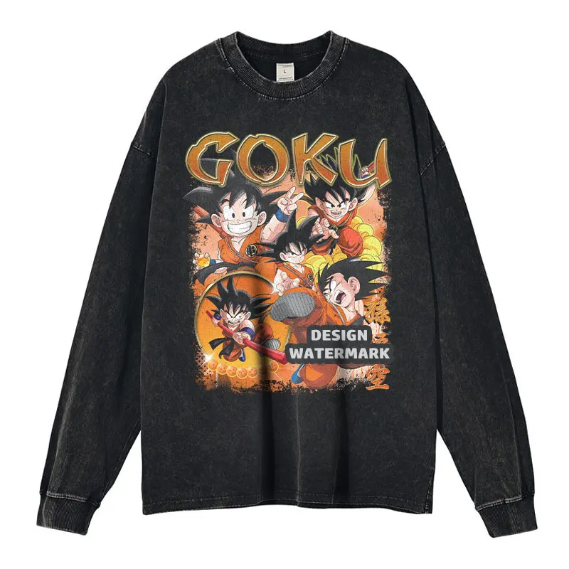 

Anime Dragon B-Ball Long Sleeve T-shirt Vintage Washed Sun Goku Vegeta Broli Buu Oversized Sweatshirt Men Girl 100% Cotton